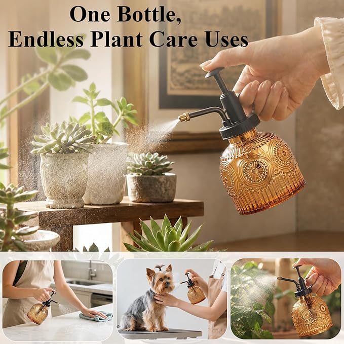 Amolliar Glass Plant Mister Spray Bottle, Vintage Refillable Leak Proof Watering Can for Indoor Plants, Houseplants, Gardening, Cleaning, Hair & Pet Care with Mist Nozzle (Brown-Black Pump)