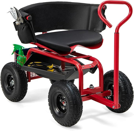 Garden Cart with Seat, Heavy-Duty Rolling Wagon Scooter with Wheels, Height Adjustable & 360° Swivel Seat, Storage Tray, Basket & Handle, Outdoor Gardening Work Seat for Patio Yard(Green)
