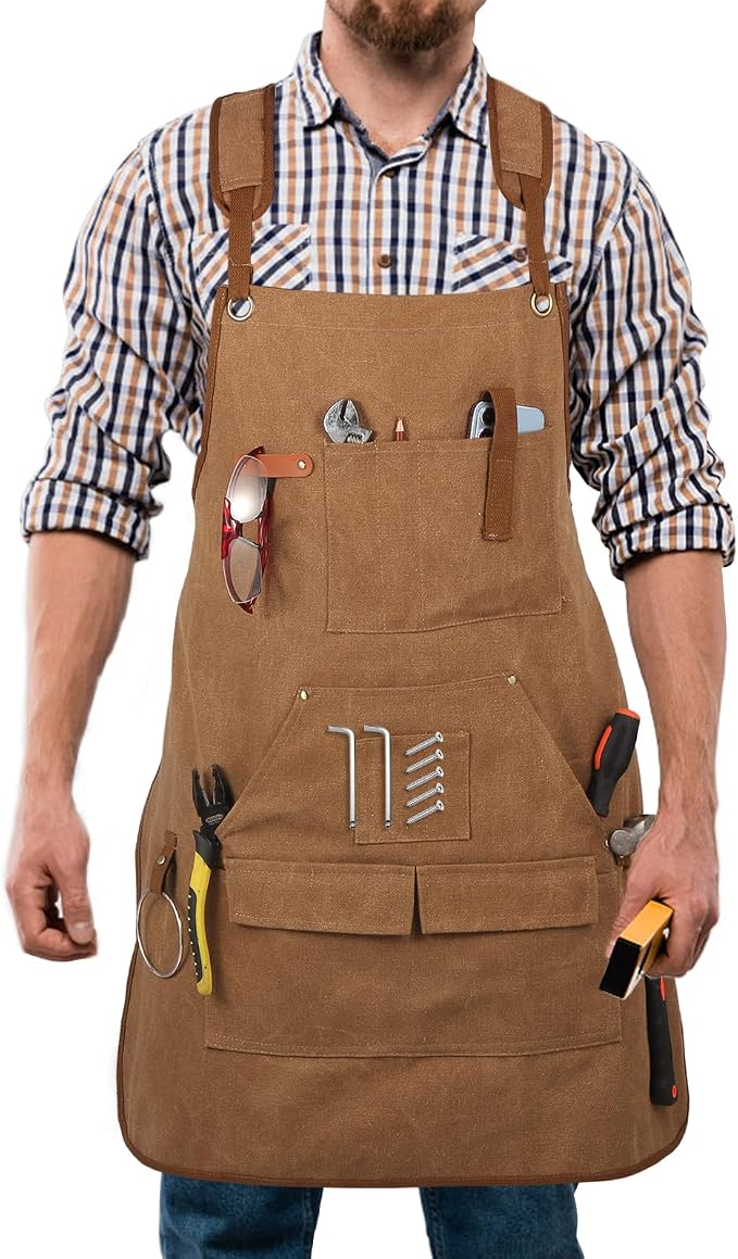 Men's Canvas Tool Apron, Heavy Duty Multi-Pocket Work Apron for Woodworking Gardening Bartender Adjustable Straps