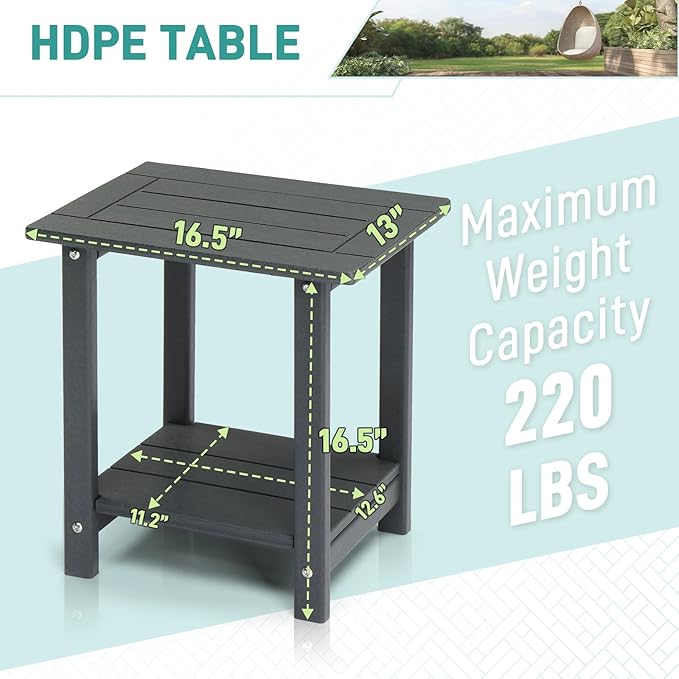 Adirondack Square Outdoor Side Table,2-Tier Storage Patio Side Table, HDPE End Tables for Backyard Pool Porch Garden