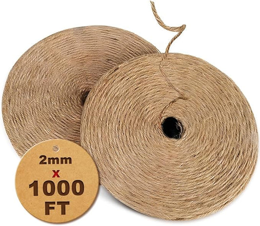 1000FT Natural Jute Twine String Bulk Hemp Rope Cord for Crafts Gardening Gift Wrapping Wedding Décor Packing Material Burlap Ribbon Christmas Knitting Macrame Decoration (Brown 2mm* 1000ft)