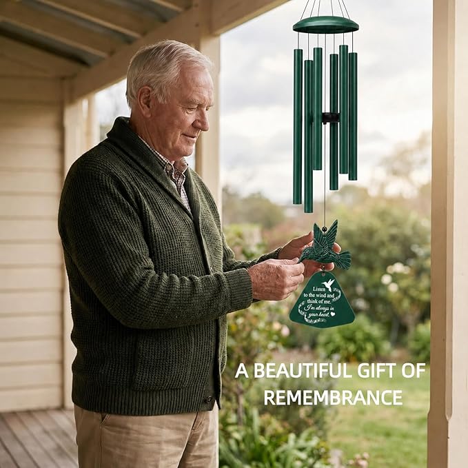 36" Memorial Wind Chimes for Outside, Sympathy Gift for Loss of Loved One, Hummingbird Wind Chime for Mom Dad, Bereavement Remembrance Funeral Condolence Gift（Forest Green）