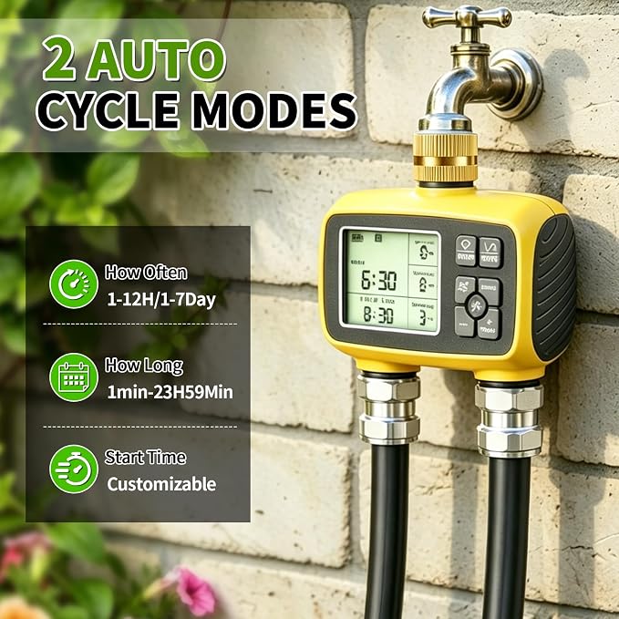 Boltigen Upgraded Brass Sprinkler Timer-2 Zone Water Hose Timers with Metal Inlet & Outlet-Waterproof & Programmable Design Timer Rain Delay & Manual Watering, for Outdoor Garden Irrigation Lawn Yard