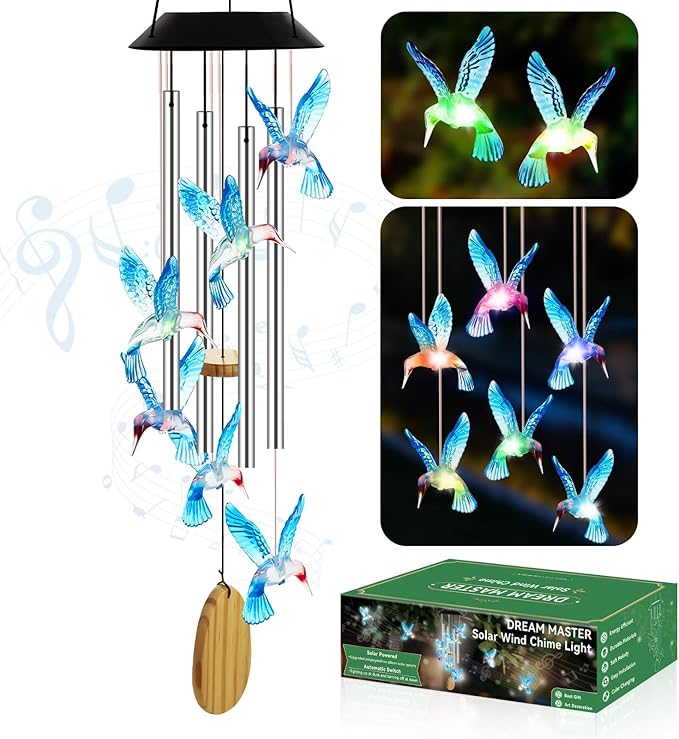 Wind Chimes for Outside, Solar Lights Outdoor Waterproof, Color Changing Hummingbird Light for Yard, Outdoor, Patio, Garden Decor, Wind Mobiles Gardening Gifts for Women, Mom, Wife, Blue Hummingbird