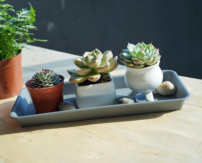 VUWEZ 2 Pack of Plastic Plant Tray Saucer Rectangular, Plant Trays Saucers for Indoors Outdoor, Plant Water Drip Tray for Flower Pot Planter, Windowsill Plant Tray (6.5 X 13 Inch, Gray)