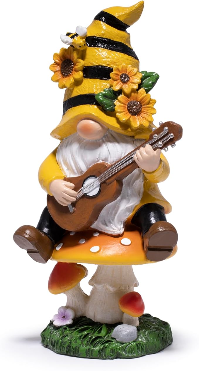 basen Spring Bee Gnome Garden Statue Resin Gnome Figurine with Mushroom Seat and Guitar, Bee Decor for Indoor Outdoor Patio Yard Porch Shelf, Sunflower Home Accent Gift
