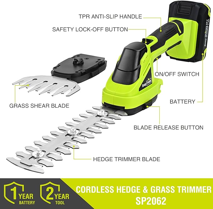 SnapFresh 20V Cordless Hedge Trimmer, 2-in-1 Electric Shrub Trimmer, 8.67" Hedge Blade & 4.72" Grass Shears, 2.0Ah Battery & Fast Charger Included, Handheld Bush Trimmer for Garden, Lawn & Yard