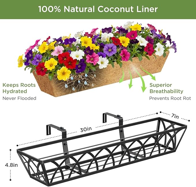 30 Inch 6 Pack Railing Planter with Adjustable Brackets, Window Box with Coco Liner, Hanging Metal Flower Box for Balcony Deck Fence Porch, Black