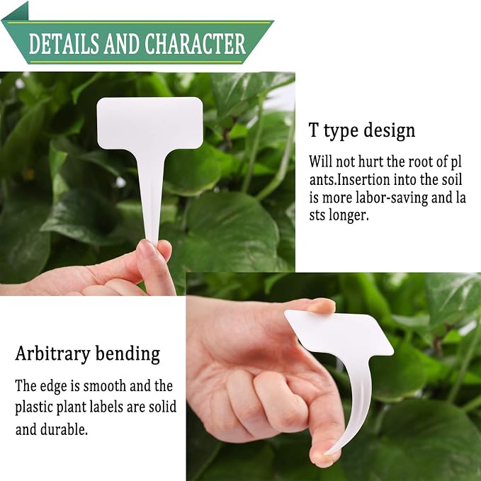 Whaline 100 Pcs Plastic Plant Labels White T-Type Garden Stake Tags Waterproof Plant Markers Reusable Plants Signs for Outdoor Indoor Nursery Potted Plants Seed with A Black Marker Pen (6 x 10 cm)