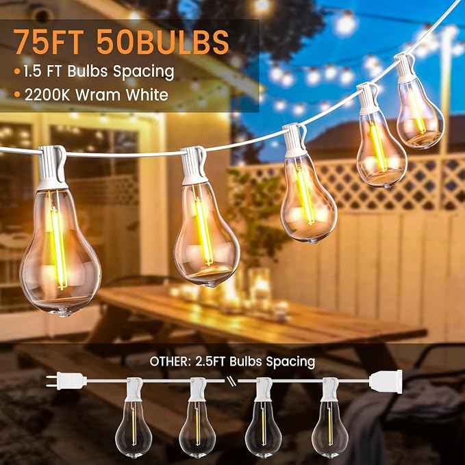 Outdoor String Lights 75FT LED Patio Lights 53 Plastic Edison Bulbs (3 Spare) with Remote Waterproof Patio Lights, Dimmable Outside Hanging Light Connectable for Porch Backyard, White