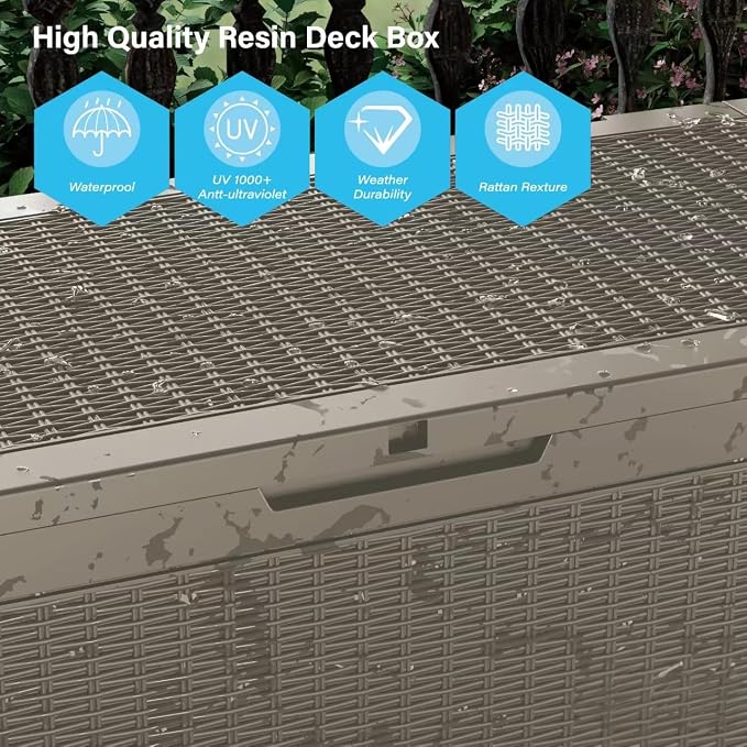 Outdoor Storage Box, 110 Gallon Resin Deck Box Waterproof for Patio Furniture, Garden Tools and Pool Accessories, Lockable UV-Resistant Storage Bin Bench Cabinet for Outside, Grey