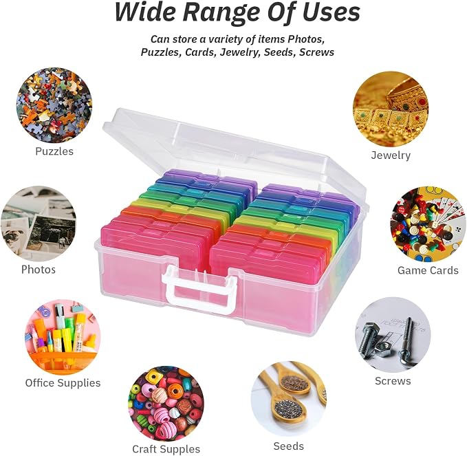 PCA Photo Storage Box 4" x 6" Cases With Handle - 16 Inner Keeper, Large Organizer, Plastic Craft Case for Stickers, Stamps, Jigsaw, Vegetable Seeds