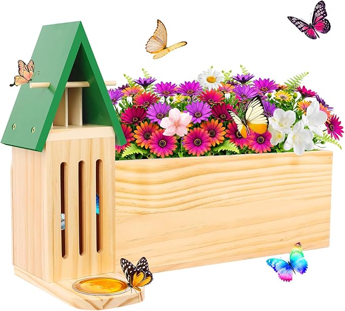 Butterfly House and Feeder with Flower Pot for Outside, 3-in-1 Wooden Butterfly House for Garden, Natural Butterfly Habitat with Butterfly Puddler for Garden Decor