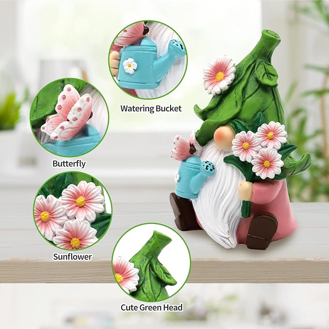 Summer Garden Gnome Decor, 5.9in Resin Daisy Floral Gnome Decorations for Home Indoor Outdoor, Retirement Gifts for Women