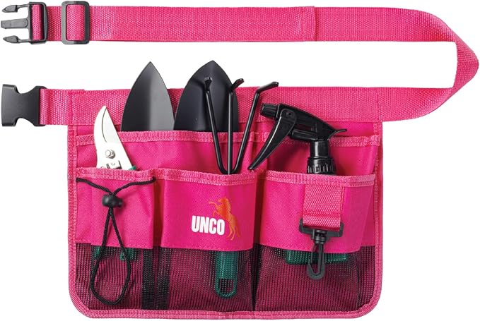 UNCO- Adjustable Gardening Belt, Pink, 7 Pockets, Wear, Cut and Water Resistant, Garden Tool Belt Pouch, Waist Apron with Pockets