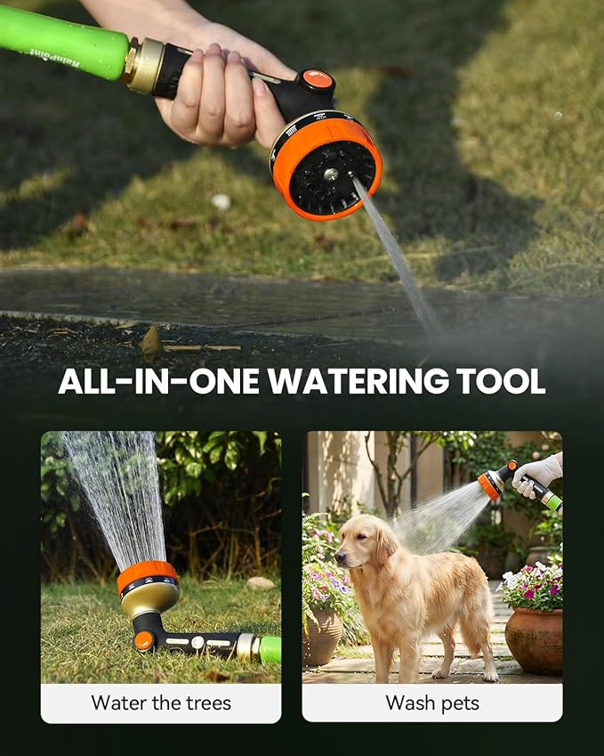RAINPOINT Garden Hose Nozzle Heavy Duty - 100% Metal Thumb Control Spray Nozzles for Garden Hose High Pressure, 10 Patterns Water Hose Nozzle for Car Wash, Watering Lawn and Pets, Orange2, 2 Pack