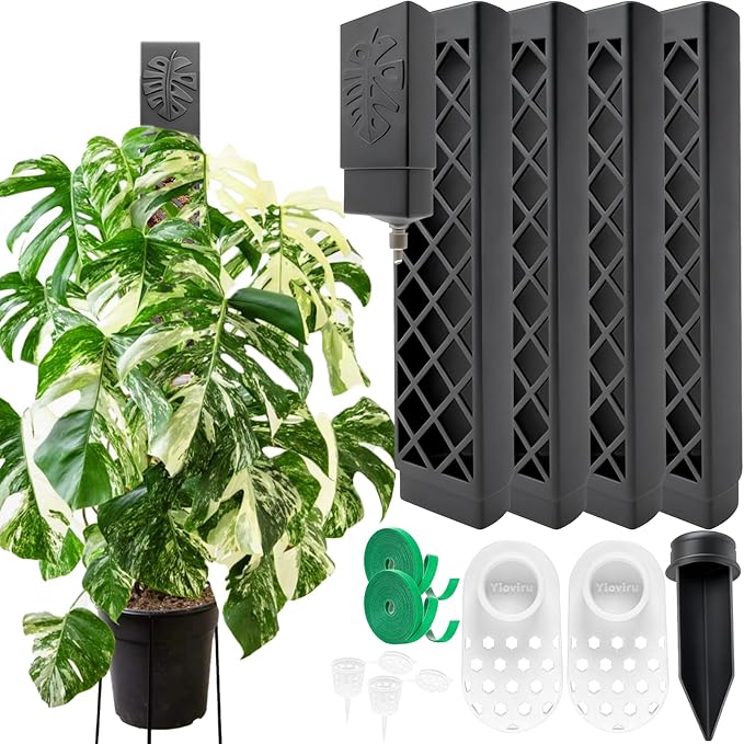 4 Psc 9 Inch D Shaped Moss Pole with Watering Dripper, Plastic Moss Poles for Climbing Plants, Sturdy Monstera Plant Support, Self Watering Moss Pole Kit for Plants Indoor(Black)