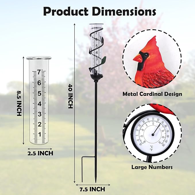 40" Garden Rain Gauge - 7" Glass Tube for Outdoor Indoor Use, Patio Yard Decor Statue,Metal Red Bird Rain Gauge.