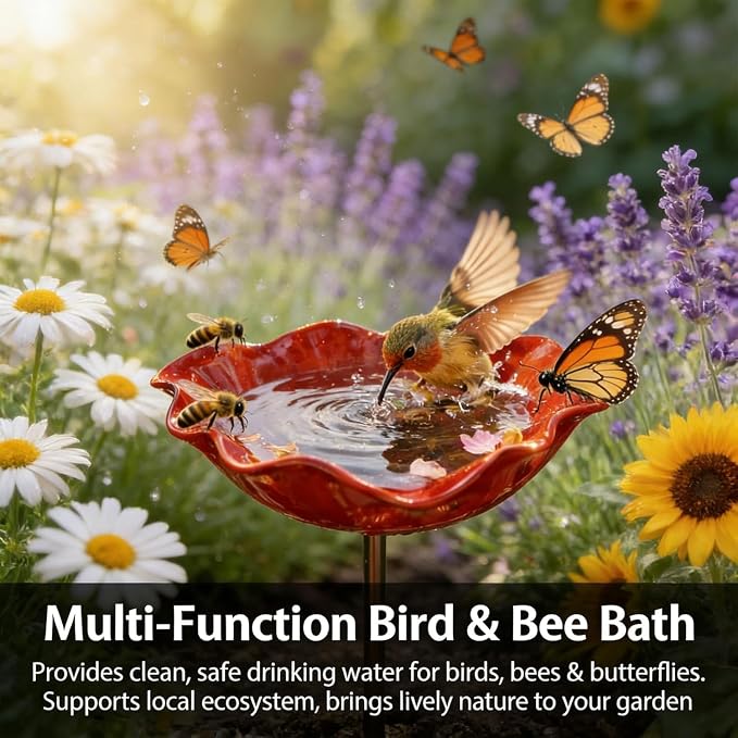 Metal Flower Garden Stakes Bird Bath Handmade, Bee Watering Station, Bees Bath for Garden Metal Bee Water Feeder with Flower Design, Colorful Butterfly Bees Bath Bowl for Outdoor Yard Decor