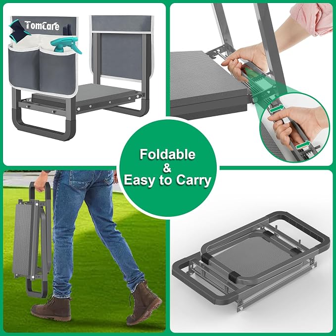 TomCare Garden Kneeler and Seat 11.14” Wider Larger Soft Kneeling Pad Garden Bench with 2 Large Tools Pouches Heavy Duty Foldable Garden Stool Gardening Gifts for Women Men Gardeners Seniors,Gray