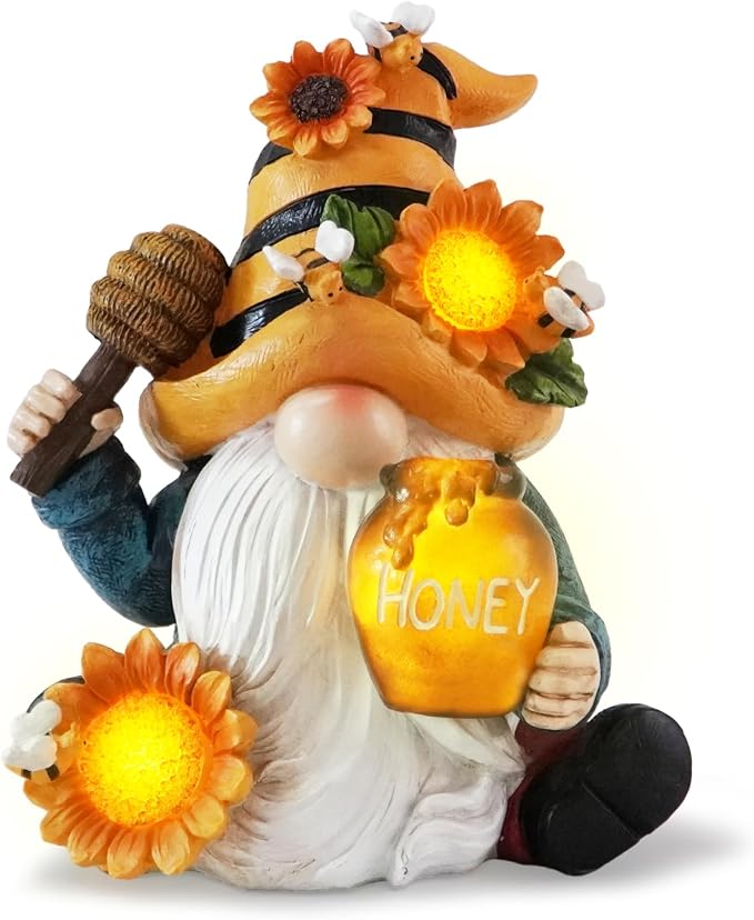 basen Bee Gnome Solar Garden Statue Outdoor Decor, Resin Gnome with Sunflower and Honey Jar, Solar Powered Lighted Yard Lawn Patio Porch Decoration, Waterproof Yard Art