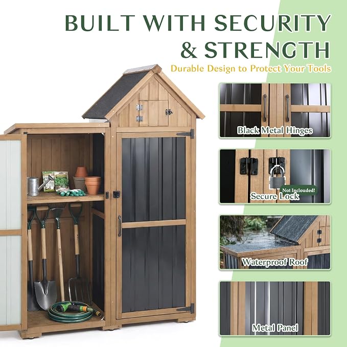 Outdoor Storage Cabinet Weatherproof with 3 Adjustable Shelves, 66'' H Wood & Metal Storage Shed with Lockable Doors & Waterproof Roof, Outside Garden Tool Sheds, Brown