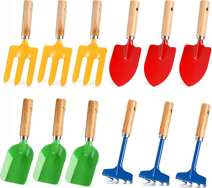 Nicunom 12 Pack Kids Gardening Tools, Metal Garden Tools Set Includes Shovel, Rake, Fork and Trowel, Garden Toys Beach Toys for Kids Outdoor Sand Toy Gift