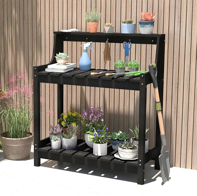 Potting Benches for Outside, HDPE Garden Potting Table All Weather, Outdoor Potting Table with Storage for Patio, Backyard, Garden, Black