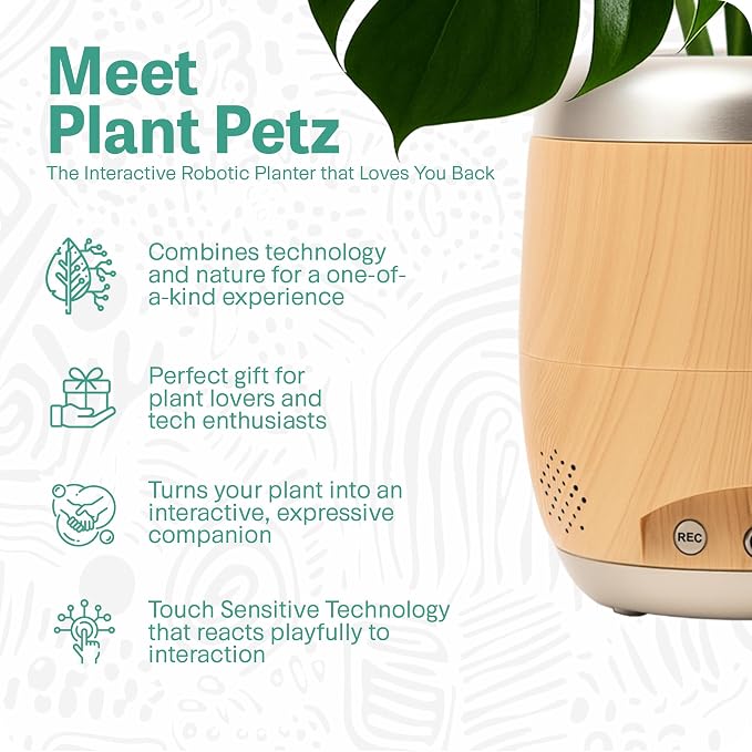 Smart Robotic Planter for 4” Potted Plants- Faux Woodgrain| Interactive Moving & Dancing Flowerpot with Bluetooth Speaker | Touch Responsive for Real Indoor Plants | Custom Voice Record