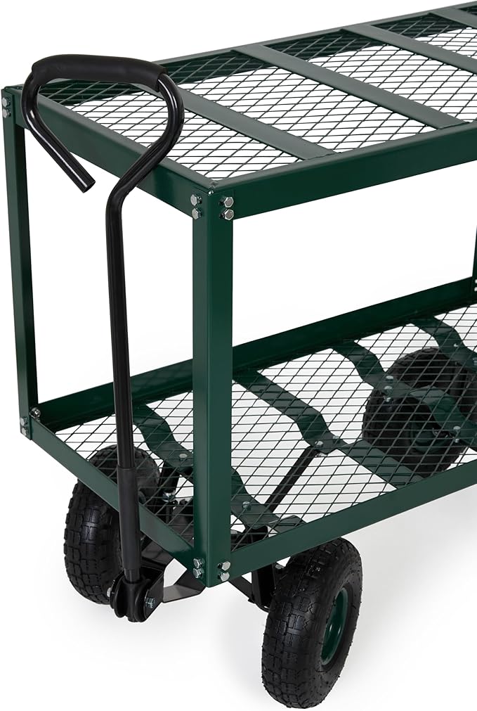 Backyard Expressions 2 Tier Garden Cart, 600 lb Total Capacity, Outdoor Utility Cart with Wheels, Steel Mesh Shelves, Pneumatic Tires, Pull Handle Rolling Wagon for Yard & Lawn