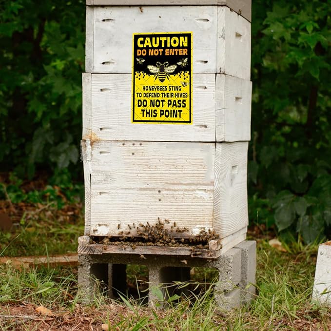 EMOHAT Caution Do Not Enter Honeybees Sting To Defend Hives Metal Tin Sign, Bee Farm Warning Sign for Garden Yard Farm, 16x12 Inch Rustic Man Cave & Farmhouse Decor