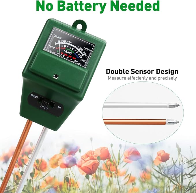 Soil Moisture Meter, 3-in-1 Soil Test Kit for PH/Moisture/Light, PH Tester Water Meter for Plants Indoor Outdoor, Soil Hygrometer Testing Probe Sensor Analyzer Detector for Lawn Farm Gardening Tools