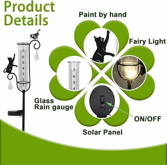 33" Solar Garden Rain Gauge - 7" Glass Tube for Outdoor Indoor Use, Patio Yard Decor Statue,Metal Cat & Bird Rain Gauge.