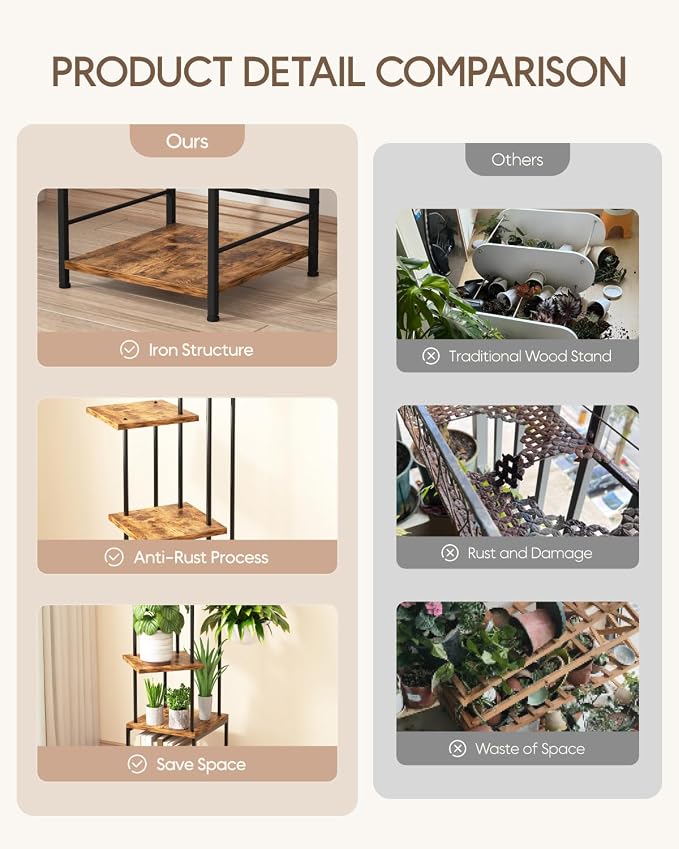 Homsorout Plant Stand Indoor - 5-Tier Metal Plant Shelf with Hanging Basket Hook, Corner Tall Flower Holder for Multiple Plants, Living Room Balcony Garden Patio, Rustic