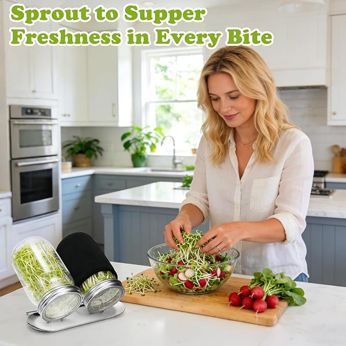Palksky Sprouting Lids for Regular Mouth Mason Jars, 2Pack Reusable Stainless Steel Screen Bean Sprouts Growing Lid for Organic Alfalfa Broccoli Seeds Mung Bean Plant Germination Kits