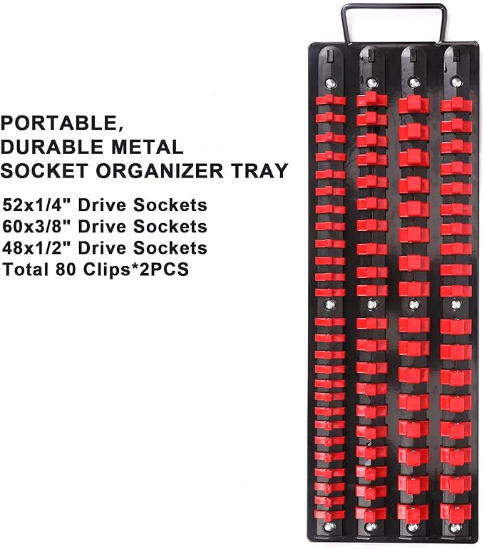 Mayouko 80-Piece Portable Socket Organizer Tray, 2 Pcs Set, Blue & Red, Tools Organizer 1/4-Inch, 3/8-Inch, 1/2-Inch, Heavy Duty Socket Holder, Black Rails, Blue & Red Clips