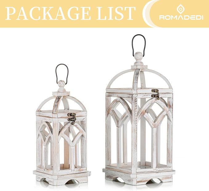 Romadedi Decorative Candle Lantern Wood - Rustic Wooden Lantern for Farmhouse Home Living Room Shelf Patio Table Decoration Christmas Holloween Wedding Party Table Centerpiece, Washedwhite