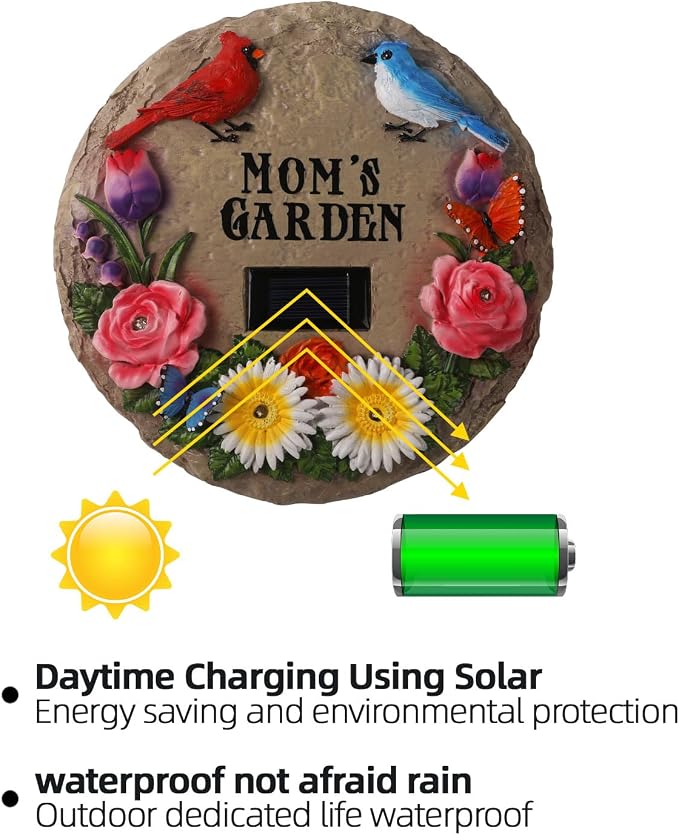 Stepping Stones Outdoor Solar Lights for Mother's Day with Cardinal Robin Birds Flowers and Mom's Garden Signs, Garden Gifts for Mom Resin Path Light with 4 LED Lamps for Walkway Yard 10 Inch