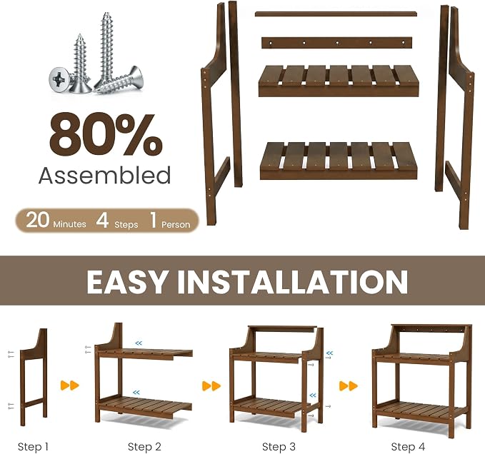 Garden Potting Bench for Outside, HDPE Outdoor Potting Table with Storage Shelves & Tool Hooks, All Weather Planting Workstation for Patio Backyard Garden (Brown)
