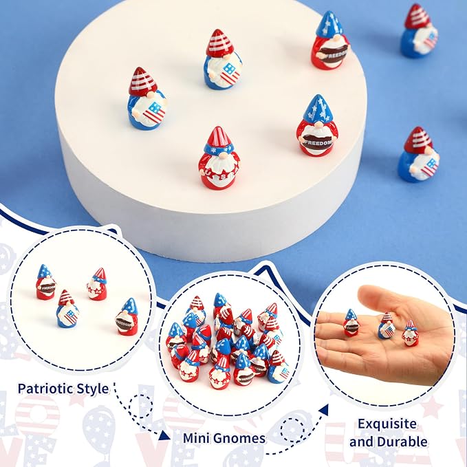 Mini 4th of July Gnomes Figurines, 20 Pack Patriotic Red White Blue Resin Ornaments Tiny Gnomes Table Centerpieces Decorations for Independence Veterans Memorial Day Decor Party Favors