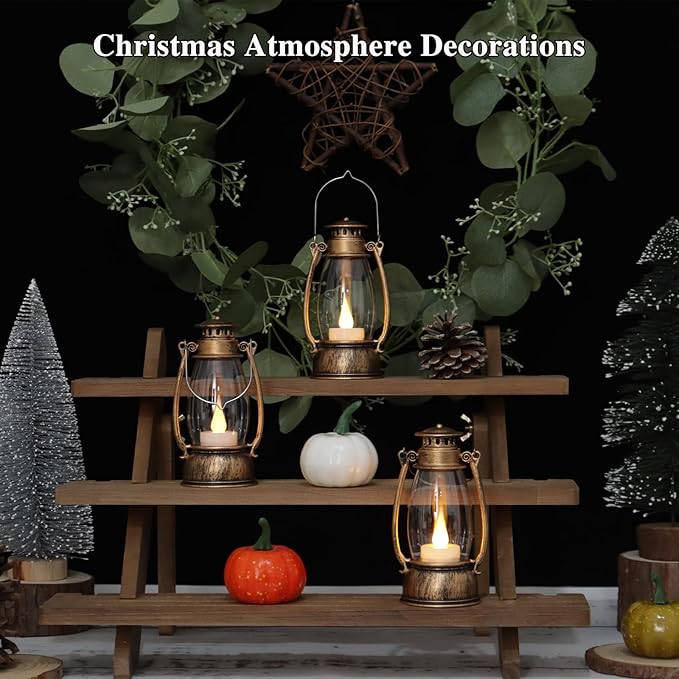 12PCS Bronze Mini Lanterns with Remote Control, 5.1" H/13cm Small Vintage Western Lanterns for Christmas Table Centerpieces, Halloween/Camping Party Decorations, Indoor Hanging & Table
