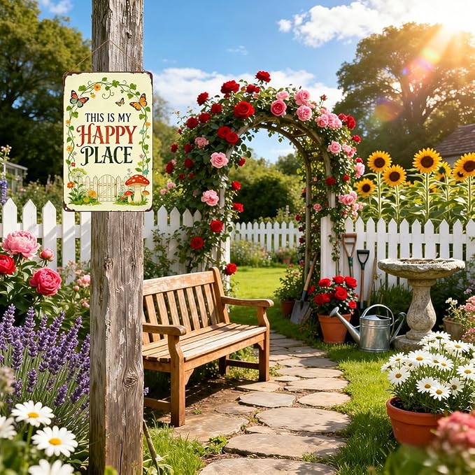 This Is My Happy Place Metal Garden Sign for Gardener Plant Lover, Rustproof Outdoor Wall Art for Patio Porch Fence, Vintage Tin Decor 12x8 Inch (3015)
