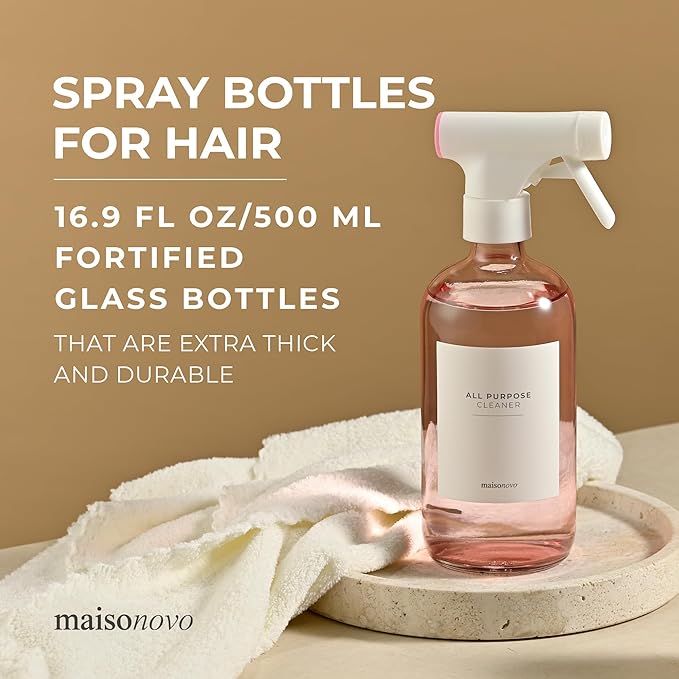 MAISONOVO Glass Spray Bottles 16 Oz Pack of 2 - Pink Spray Bottle For Hair with Fortified Glass & Fine Mist Pumps - Ideal for Salons, Barbers, Stylists, Pet Groomers & Daily Hair Care - 16 Labels