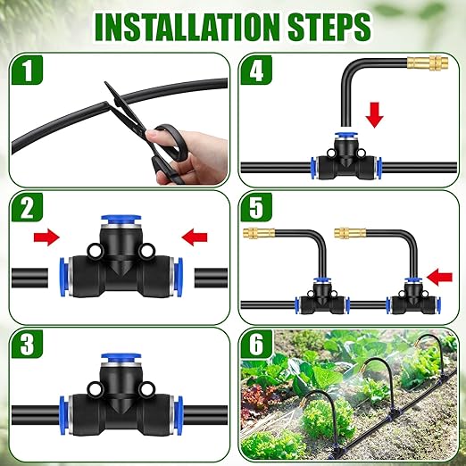 SiliFine 150 Pcs 98 ft 3/8" Greenhouse Drip Irrigation Kit with 40 Brass 360° Adjustable Nozzles and Faucet Adapter Install Adapters for Plants Lawns Gardens