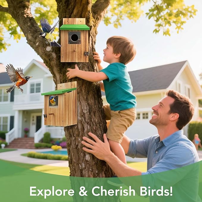 Bird Houses for Outside - Cedar Bluebird Houses with Metal Predator Guard, Birdhouse for Wren Bluebirds Finches Swallows, Carbonized Wooden Birdhouse (Assembly Required)