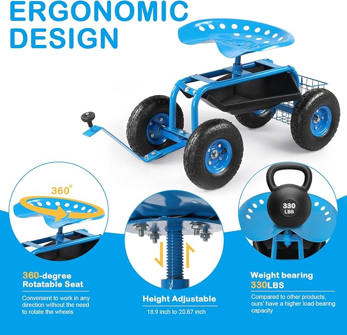 VINGLI Garden Cart with Rolling Seat, Wheels, Steering Handle & Utility Tool Tray, Planting Wagon Scooter, Gardening Tool for Senior, for Patio, Backyard, Lawn & Outdoor (Blue)