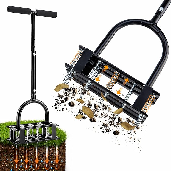 Lawn Aerator - 2-in-1 Manual Aerator with Automatic Dirt and Leaf Clean, Heavy-Duty Reinforced 15 Spikes & Ergonomic T-Handle for Lawn Maintenance, Garden Care, Yard Work (Black)