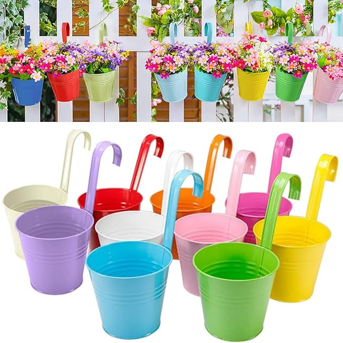 Railing Planters with Drainage Holes, 10 Pack 6.3" x 4.7" x 5.3" Iron Hanging Flower Pots with Removable Hooks for Balcony Fence Garden Suitable Indoor Outdoor, Plant Hanger, 10 Colors