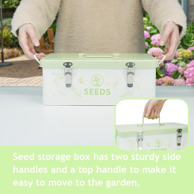 Seed Storage Box, Seed Storage Organizer with Garden String, 30 Seed Envelopes and Bamboo Plant Labels, 4 Compartments Garden Seed Organizer Box with Safety Locks, Light Green