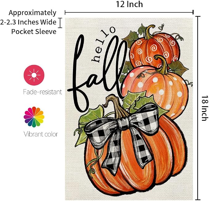 CROWNED BEAUTY Fall Welcome Pumpkins Garden Flag for Outside 12x18 Inch | Weather resistant, double-sided small yard flag. Features three pumpkins for outdoor seasonal fall decor